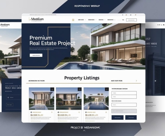 Modern real estate website layout showing a luxury property with pool and multilingual interface by mediamind dmc