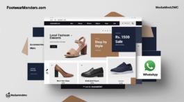 E-commerce website design by MediaMind.DMC for FootwearMenders, featuring shoes, sale banner, categories, and WhatsApp support icon.