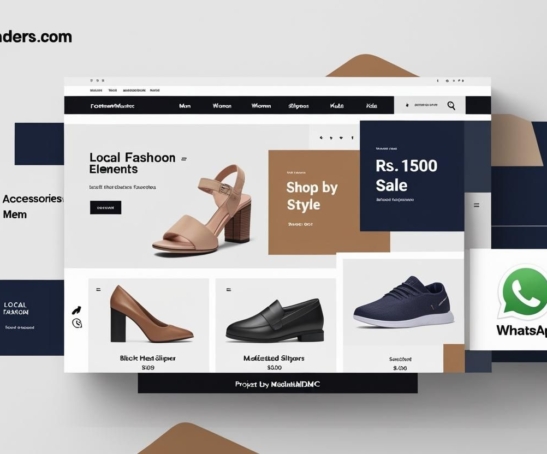 E-commerce website design by MediaMind.DMC for FootwearMenders, featuring shoes, sale banner, categories, and WhatsApp support icon.