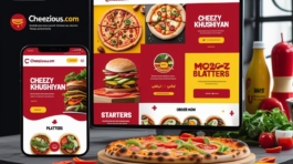 Cheezious.com website and mobile interface featuring burgers, pizzas, and platters with vibrant food visuals. Project by MediaMind DMC.